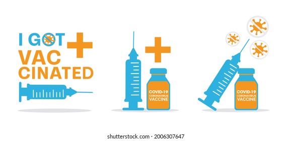 Bottles and Syringes, I got vaccinated covid-19 logo, Vaccination against coronavirus, Immunization Treatment, Health care Vector IllustratorEPS 10.