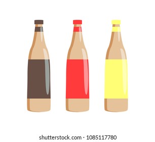 Bottles of tasty sauces for hot-dogs set. Spicy barbecue, tender ketchup and piquant mustard in plastic containers. Vector illustrations