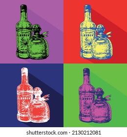 Bottles of tequila. Bright pop art illustration for a poster. Vector illustration.