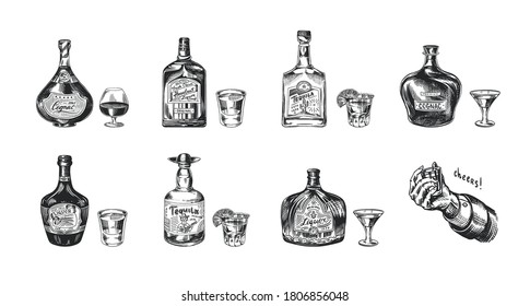 Bottles of tequila, liqueur and cognac. Set of Glass shots and goblets. Retro poster or banner. Engraved hand drawn vintage sketch. 