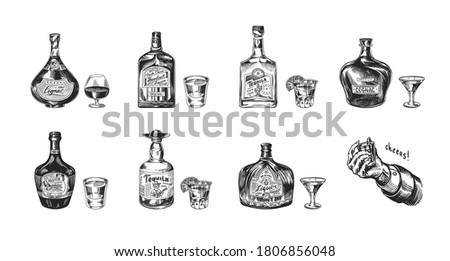 Bottles of tequila, liqueur and cognac. Set of Glass shots and goblets. Retro poster or banner. Engraved hand drawn vintage sketch. 