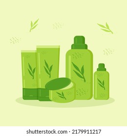 bottles and tubes with cosmetics isolated is decorated with plants in green
