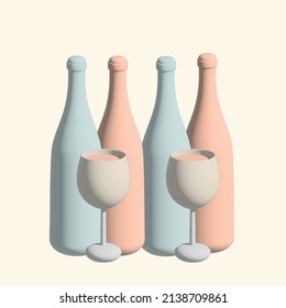 Bottles and two glasses of sparkling wine or champagne. 3d illustration. 
