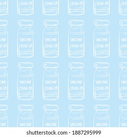 Bottles of vaccine for covid-19 coronavirus seamless pattern. Corona virus infection novel virus disease blue background, Vaccine, vaccination, injection, Medical vial Doodle style many in a raw