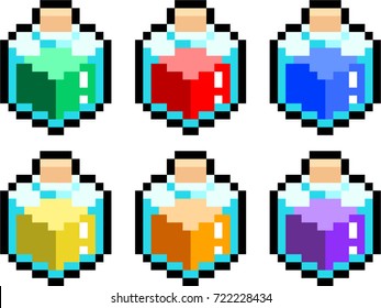 Bottles of varieties of potion, red, blue, elixir, rejuvenation, yellow, stamina 8 bit for game
