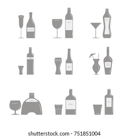 Bottles of various alcoholic products and bottles for drinks in bottles