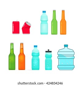 Bottles Vector Collection Isolated On White, Full And Empty Bottle Of Water, Sport Bottle, Beer Glass Bottle, Drink Metal Can, Plastic Bottle