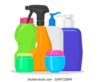 Bottles vector household chemicals supplies and cleaning housework plastic detergent liquid domestic fluid bottle cleaner pack illustration.