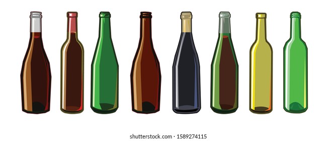 The bottles. Vector. Wine bottles of different colors in cartoons flat style. Isolated objects on a white background. Set: Black, brown and green bottles.