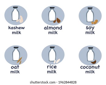 Bottles of vegetable milk. Vector illustration of vegetarian milk. Lactose-free milk. A set of labels for alternative types of milk.