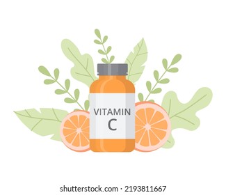 Frascos de vitamina C, comprimidos, pastillas para el frío estacional, tratamiento, farmacia. Estilo plano