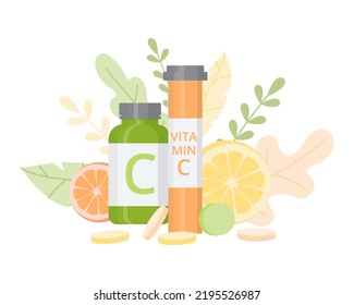 A bottles of vitamin C, tablets, pills for seasonal cold, treatment, pharmacy. Flat style