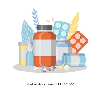 A bottles of vitamins, tablets, pills for seasonal cold, treatment, pharmacy. Flat style