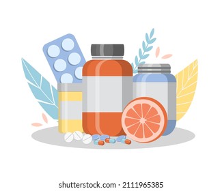 A bottles of vitamins, tablets, pills for seasonal cold, treatment, pharmacy with citrus. Flat style