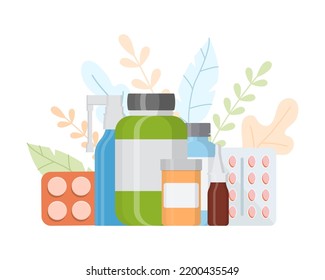 A bottles of vitamins, tablets, pills for seasonal cold, treatment, pharmacy. Flat style