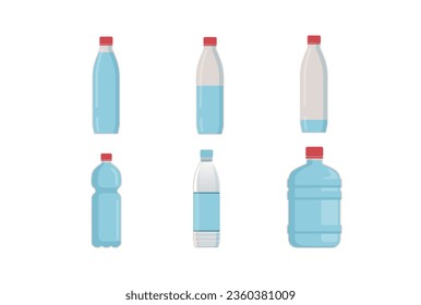 Botellas de agua en diferentes formas de ilustraciones vectoriales establecidas. Dibujos de dibujos animados de recipientes para líquido aislado sobre fondo blanco. Ecología, medio ambiente, concepto de reciclaje.