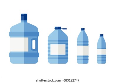 Bottles for water of different sizes. Flat icons of plastic transparent bottles.