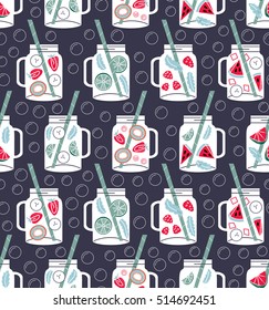 Bottles of water of fresh fruit:  lemon, mint, cucumber, orange, strawberry, raspberries, kiwi, blueberry, watermelon. Seamless pattern with detox water in drinking jars. Fruit cocktails background.