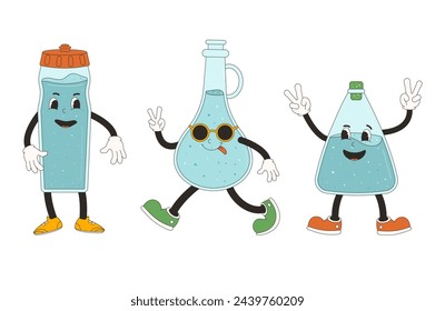 Flaschen mit Wasser groovigen Zeichen gesetzt. Trinken Gummischlauch Animation Stil Retro Cartoon Maskottchen. In: Beverage cute anthropomorphic. Trink mehr Wasser. Wellness Vektor flache Illustration isoliert.