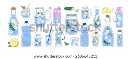 Bottles of water set. Cups, flasks, jugs with fresh drinks, refreshing beverages with ice. Plastic and glass containers with liquids for quenching thirst. Flat isolated vector illustrations on white