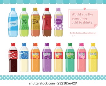 Bottles of water. Set of bottles with different drinks. Vector illustration