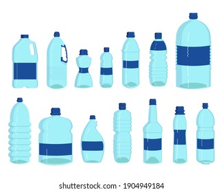 Bottles of water set. Plastic containers for liquid, transparent drink flasks, liter isolated on white. Vector illustrations for pure water consumption, packaging and storage recycling concept