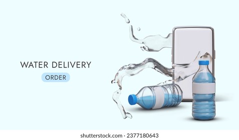 Botellas de agua con salpicaduras de líquido de cristal. Placard para la empresa que vende bebidas con lugar para texto en colores azules. Concepto de equilibrio hídrico. Ilustración vectorial en estilo 3d