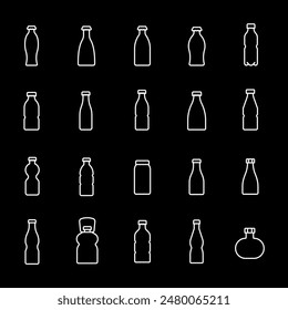 Bottles, white line icons. Containers for water and other liquids. Ideal for beverage and packaging themes. Symbols on black background. Editable stroke.