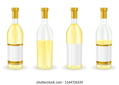 Bottles of white wine. Collection. Vector 3d illustration isolated on white background