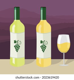Bottles of white wine and a glass of wine on a background of hills