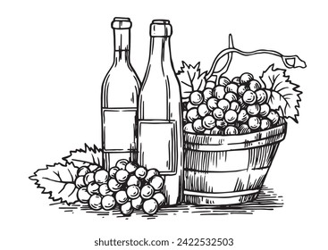 botellas de vino y cesta de uvas. dibujo vintage con estilo de esbozo. ilustración en blanco y negro