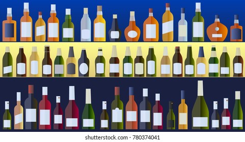 Bottles of wine, beer and strong alcohol. Vector illustration