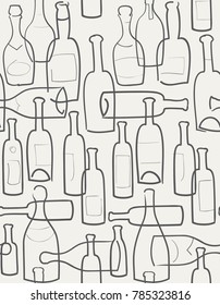 Bottles of wine. Black and white vector drawing. 