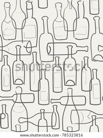 Bottles of wine. Black and white vector drawing. 