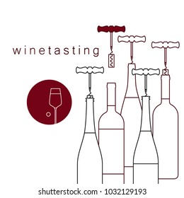 Bottles of wine and a corkscrew with a cork. Vector linear icon of wine tasting.