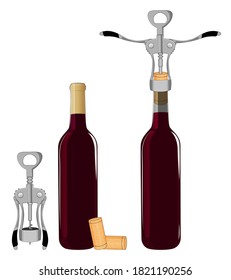 Bottles of wine and corkscrew isolated on white background vector illustration.