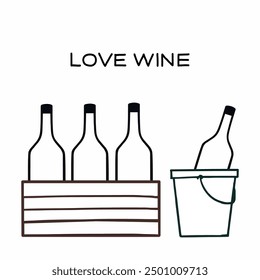 Bottles of wine in a crate and bucket, illustrating love for wine