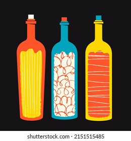 Bottles of wine in different shapes and textures. Vector illustration in a flat style on a black background