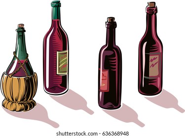 bottles of wine and a flask.
