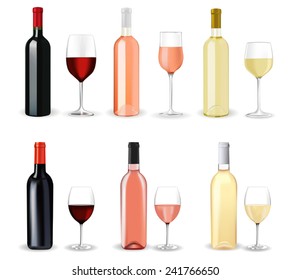 Bottles of wine with full glasses: red wine, white wine, rose wine