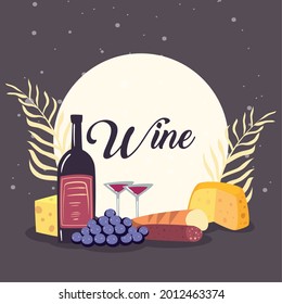 bottles of wine and glass with bread, salami, cheese