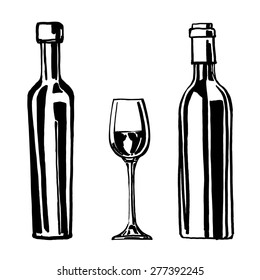 Bottles and wine glass  isolated on a white background.  Hand drawn vector illustration.
