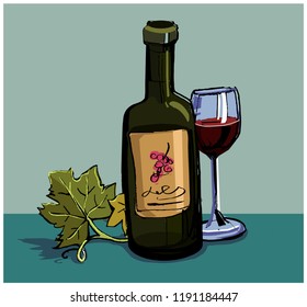 bottles of wine glasses and bunch of grapes color vector illustration