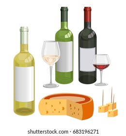 Bottles and wine glasses with wine and cheese