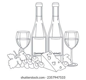 Botellas de vino, vino con gafas, queso y uva. Lineal, contorno únicamente. Gráfico vectorial.