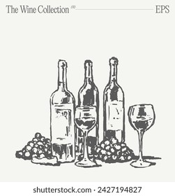 Bottles of wine, glasses and grapes on a table. Hand drawn vector illustration, sketch.