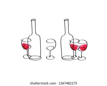 Bottles of wine and glasses. Hand drawn elements. Vector illustration.
