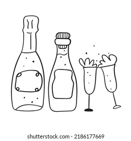 Bottles of wine with glasses. Outline vector illustration.