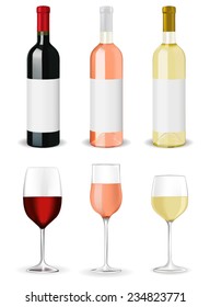 Bottles of wine and glasses - red wine, white wine, and rose - vector drawing