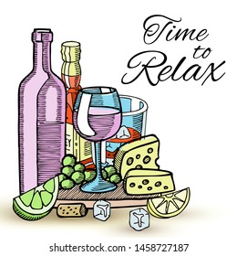 Bottles of wine and glasses with various alcoholic drinks, cheese, grapes and slice of lemon sketch vector illustration. Drinking wine establishment. Time to relax.
